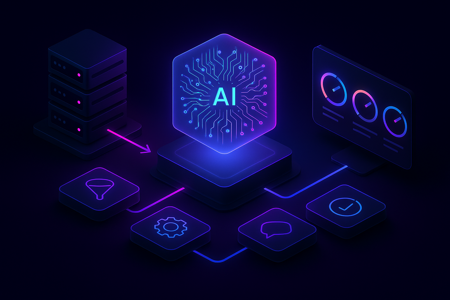 Isometric flow diagram of AI layer integrating with an ATS and outputting optimized recruiting metrics.