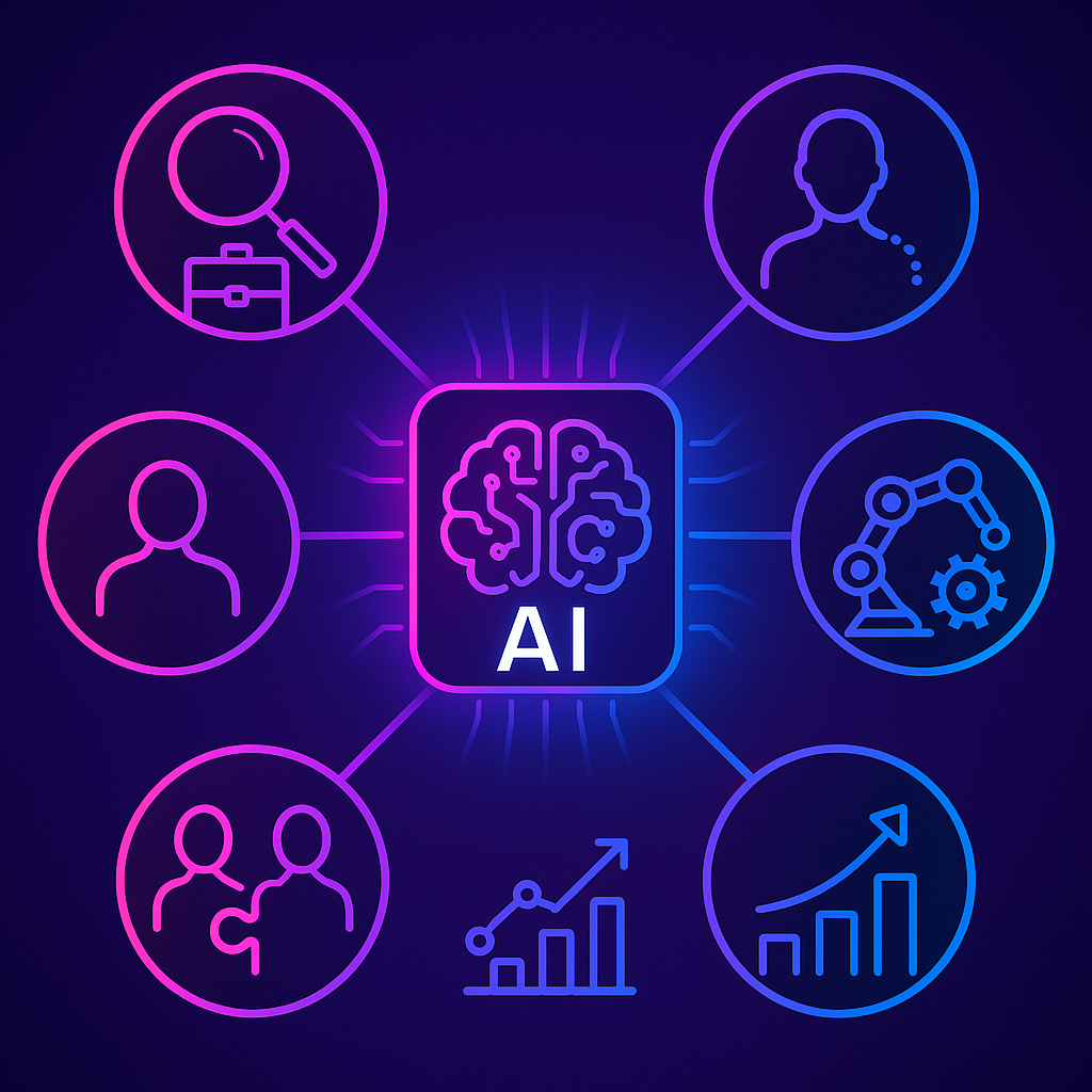 Five macro talent trends orbiting a central AI icon in a clean vector diagram.