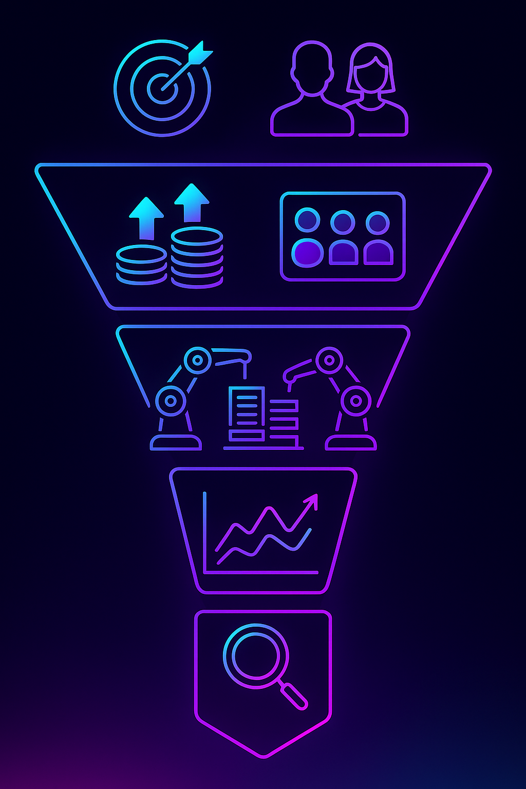 Funnel-style vector diagram of five AI social recruiting mechanisms reducing cost-per-hire.