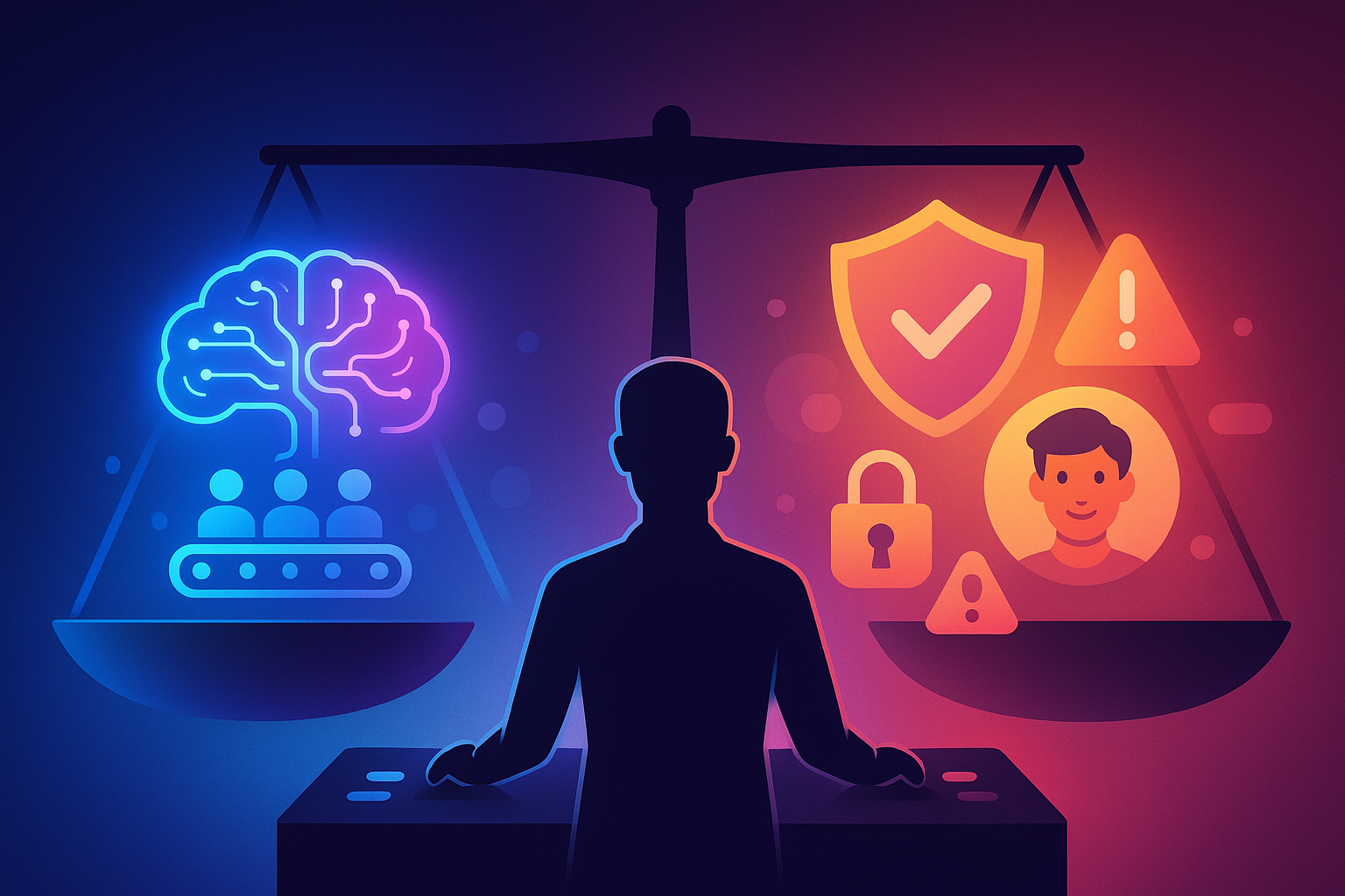 Vector concept of recruiter balancing AI efficiency against bias, privacy, and compliance risks.