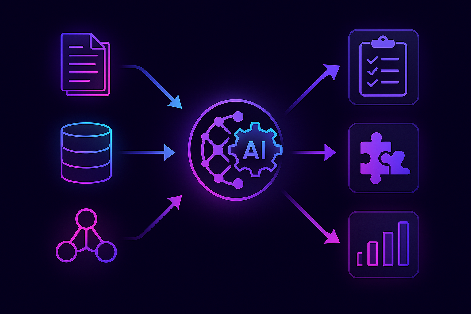 Flow diagram of data sources feeding an AI engine that outputs screening, matching, and analytics results