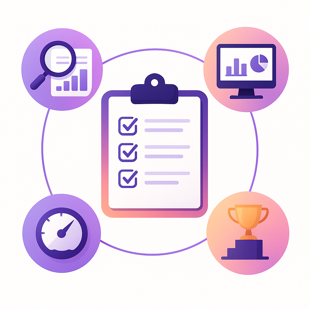 Diagram of four evaluation criteria icons encircling a central clipboard checklist