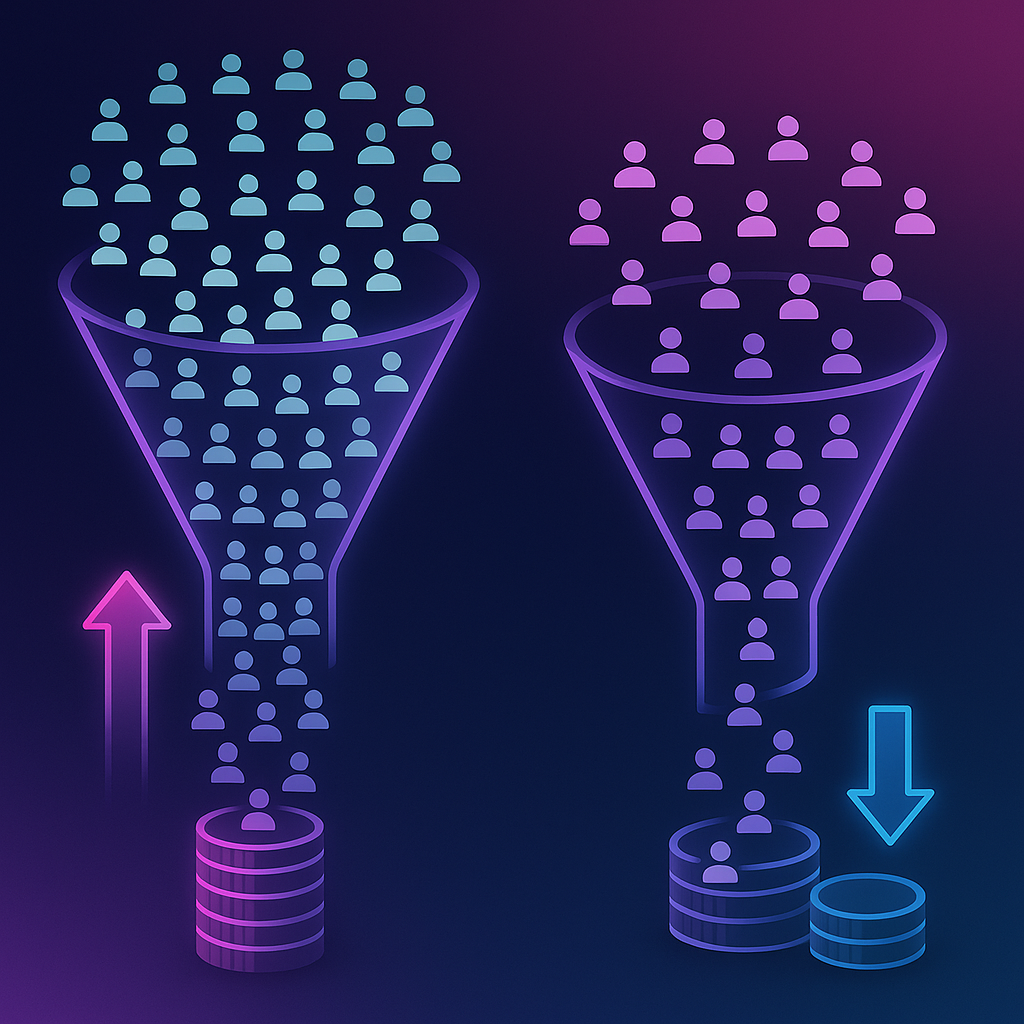Side-by-side funnels illustrate job board drop-off versus efficient AI social recruiting conversions.
