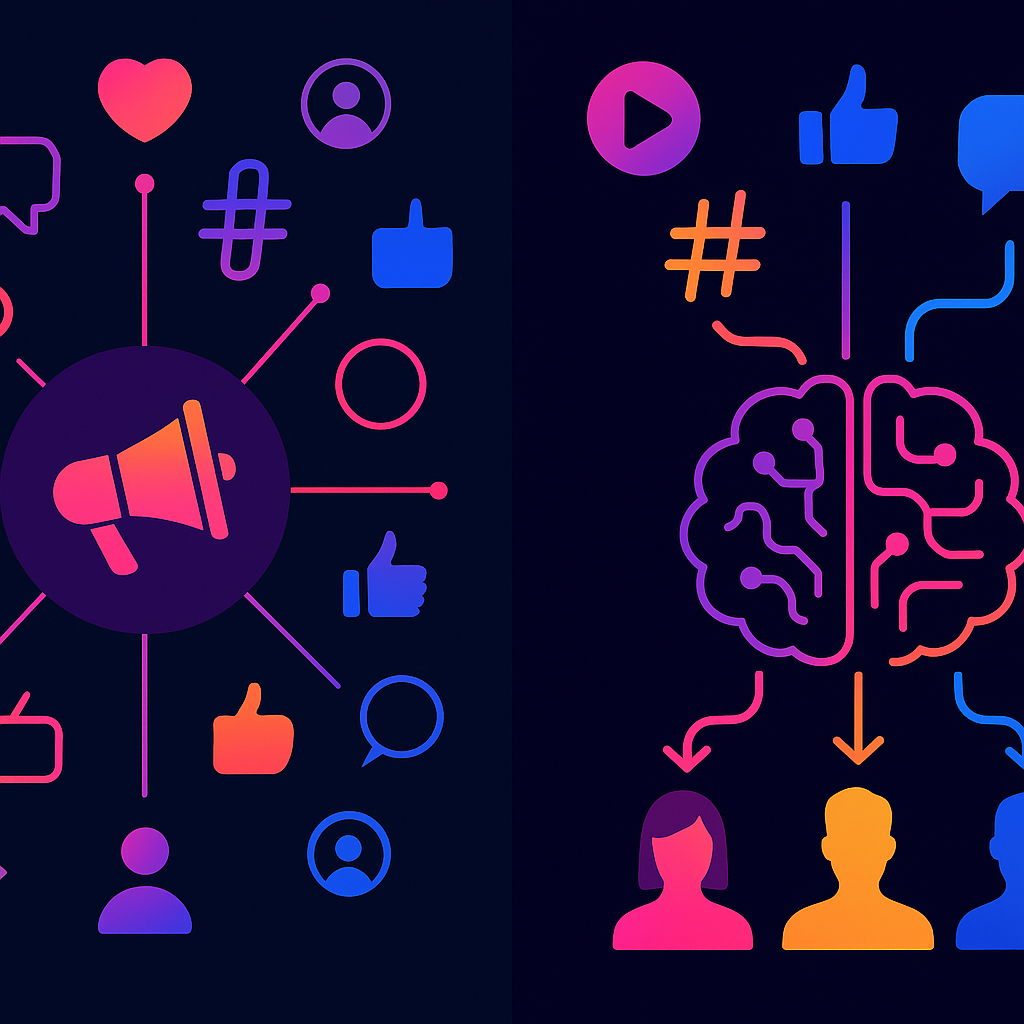 Side-by-side graphic contrasting broad multichannel reach with focused AI targeting for social recruiting