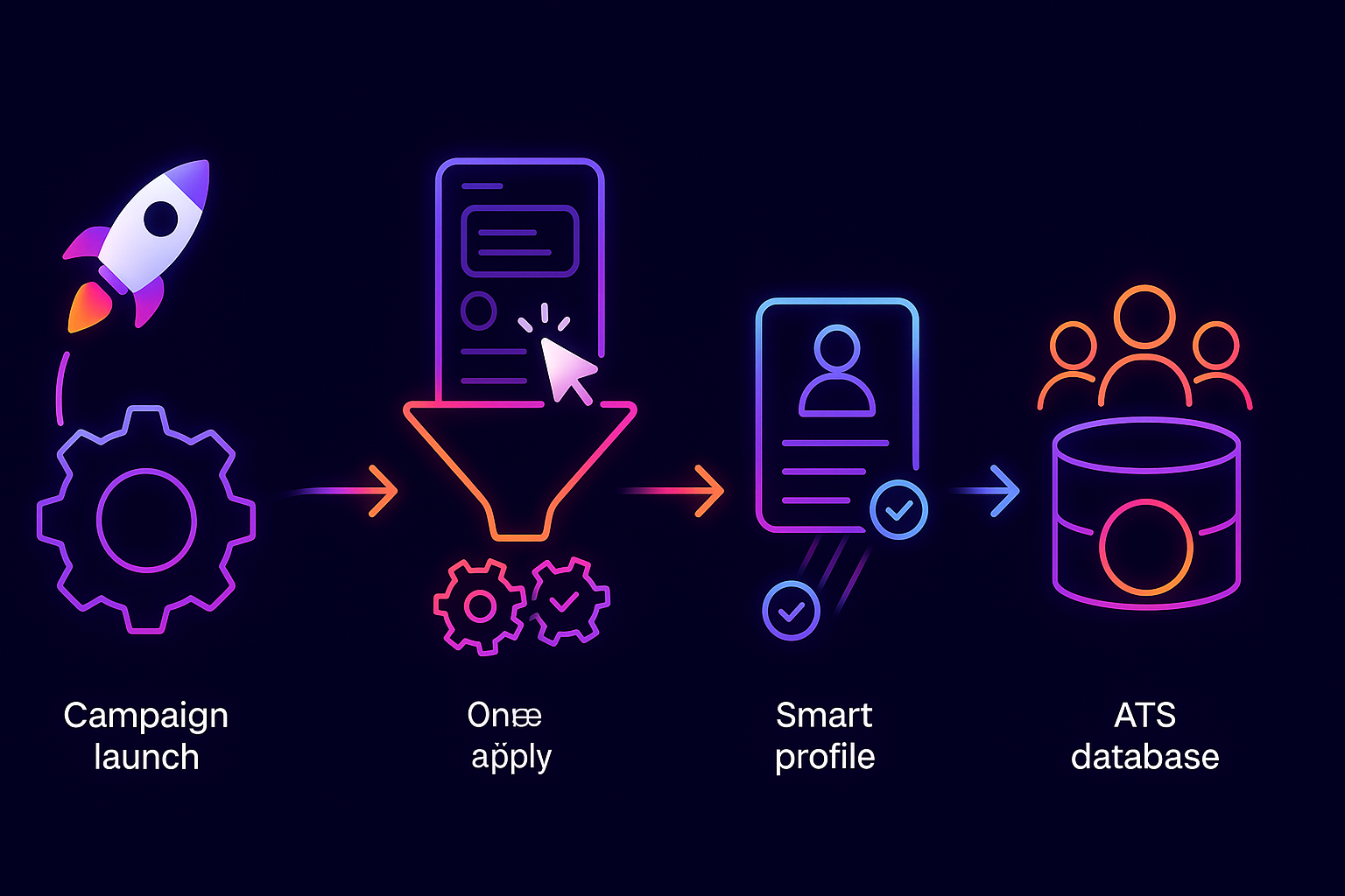 Workflow diagram showing automated path from campaign launch to ATS with scoring and profile building