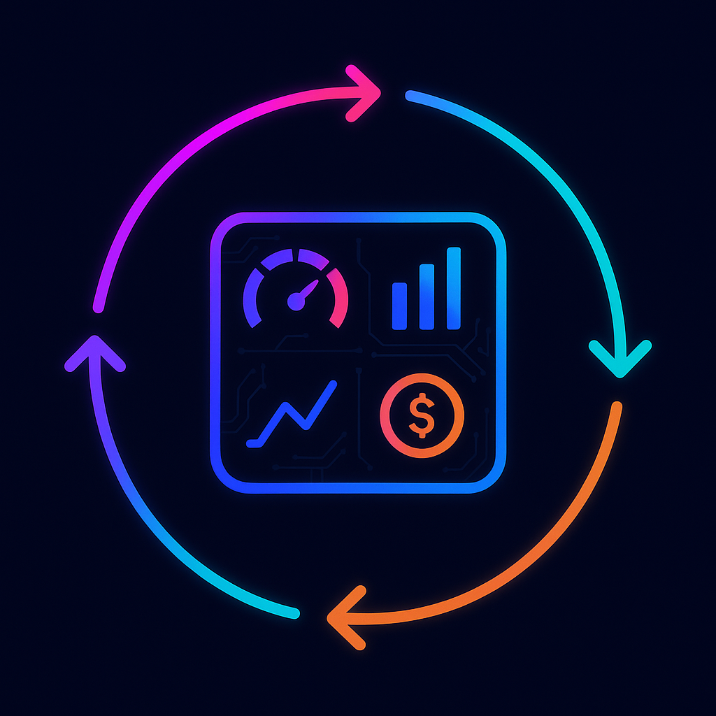 Circular optimisation loop around a dashboard of metric gauges for hiring KPIs.