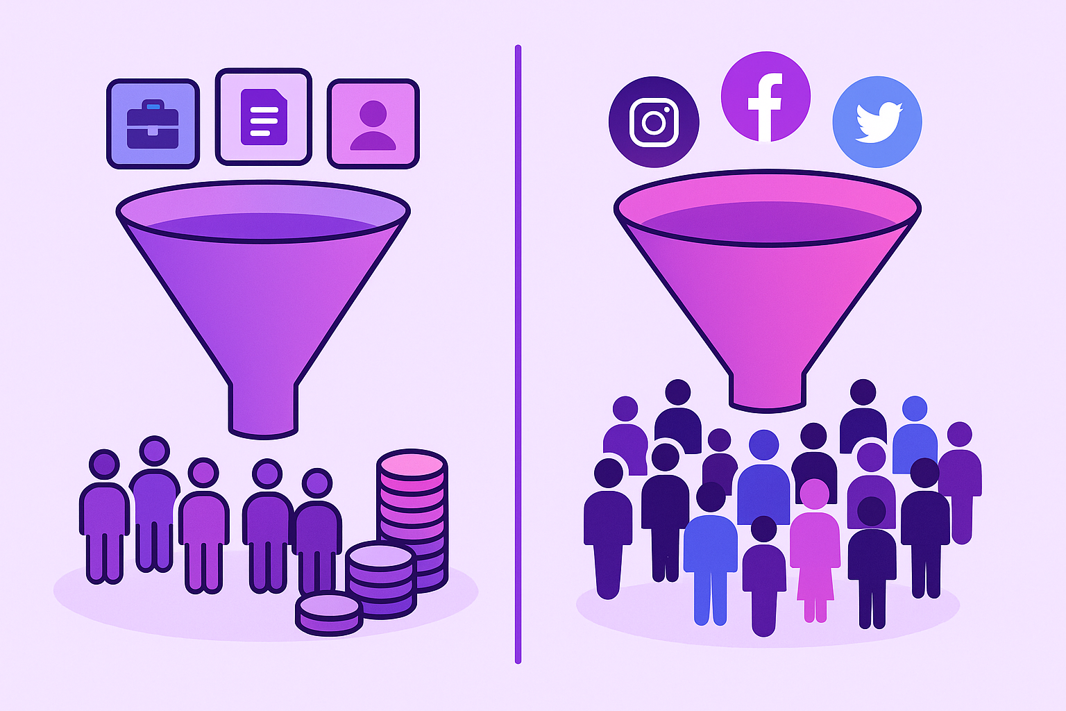 Split graphic contrasting narrow high-cost job board funnel versus broader low-cost social media recruiting funnel