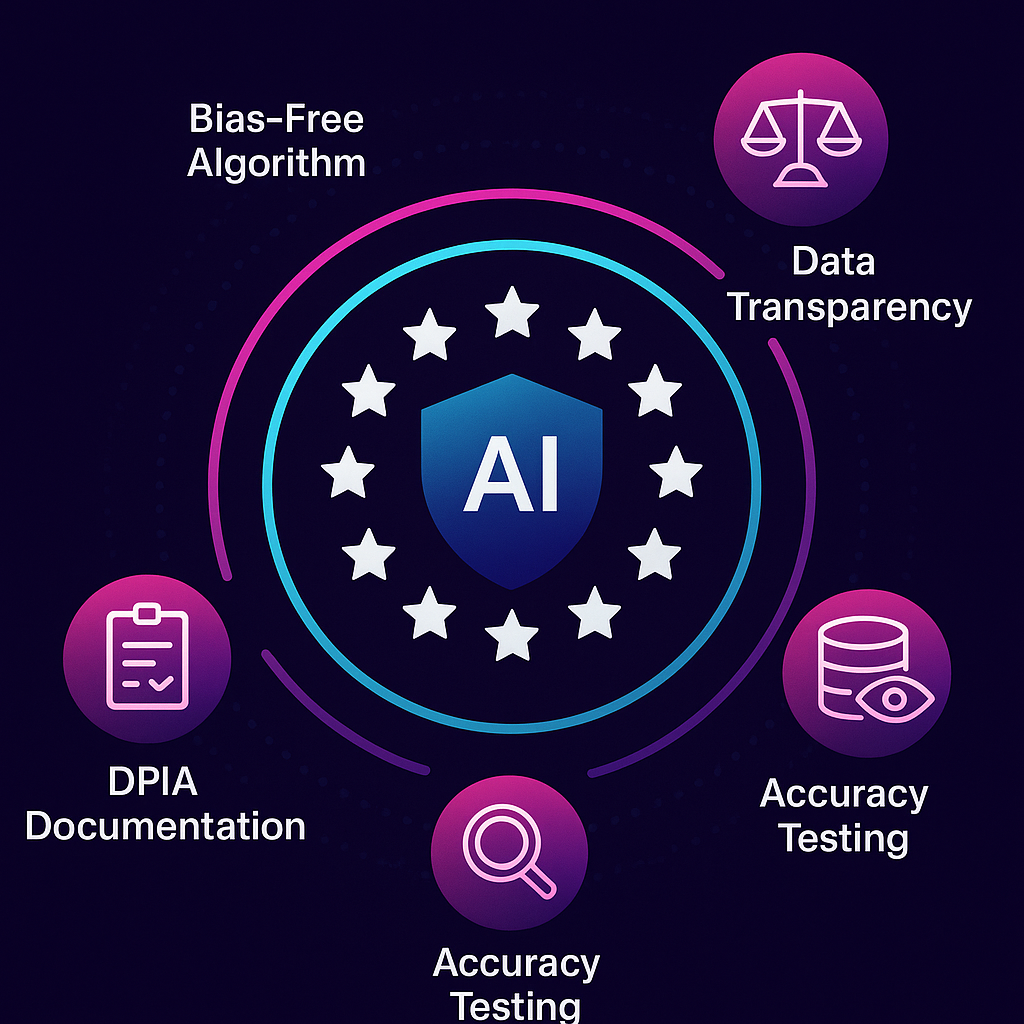 Shield with GDPR emblem encircled by icons for bias-free AI, transparency, accuracy testing, and DPIA documentation
