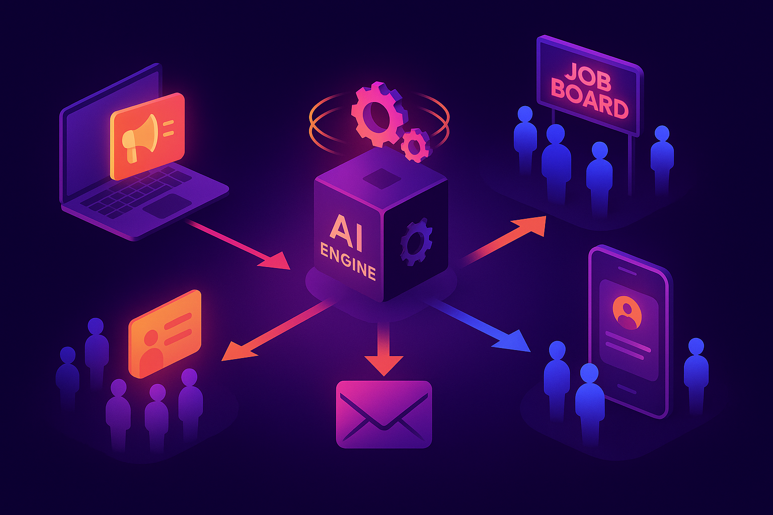 Isometric flow diagram of AI engine distributing job ads to multiple channels and returning candidates