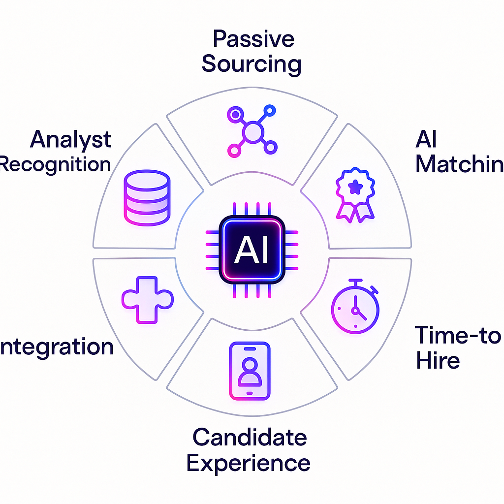 Radial diagram showing six criteria surrounding an AI recruiting platform core