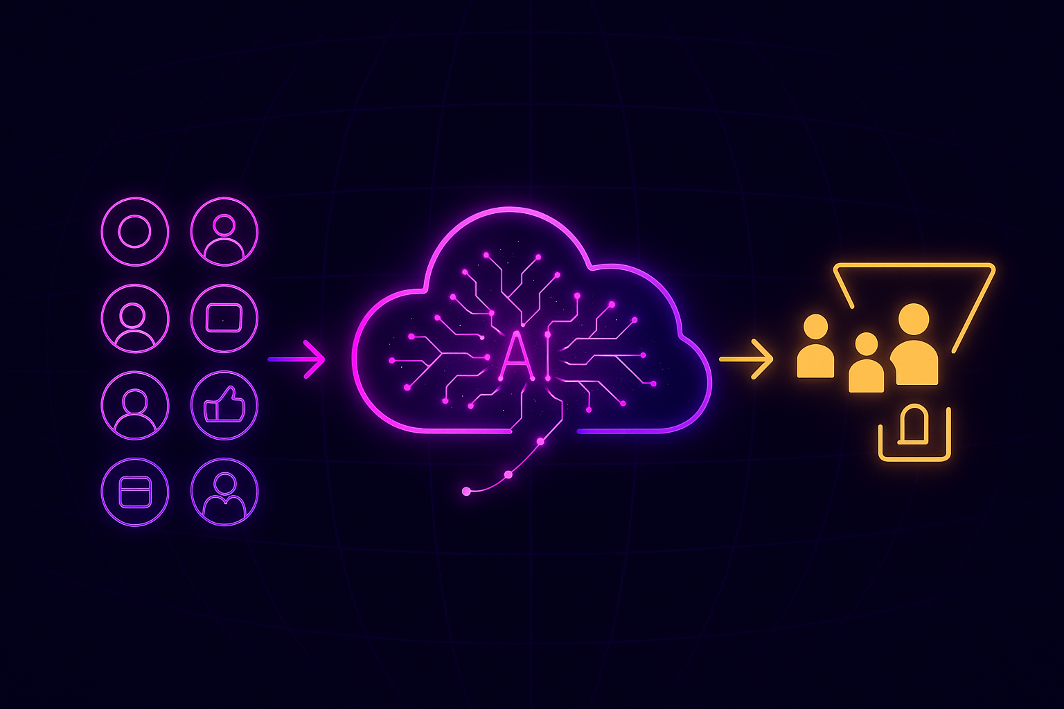 Flow diagram showing social platforms filtered by AI into high-quality candidate stream