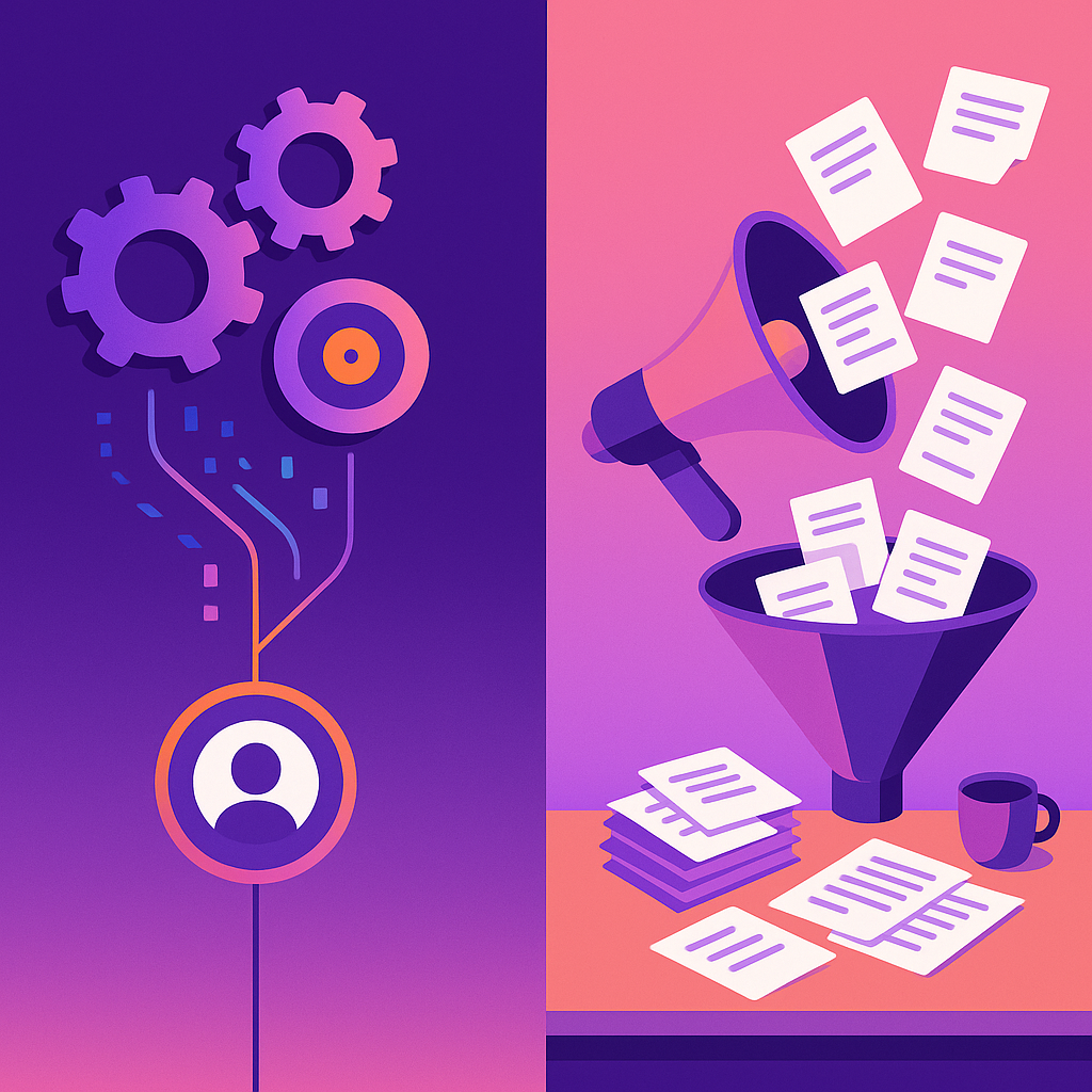 Vector illustration contrasting AI-precision hiring with mass job-ad broadcasting