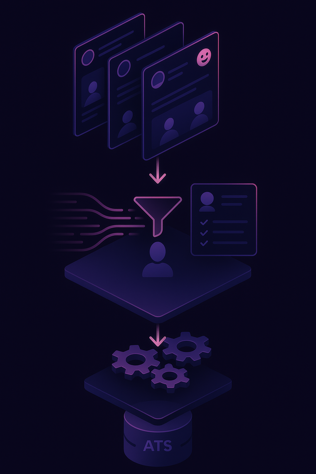Layered diagram of AI hiring stack flowing from social sourcing to screening to ATS integration