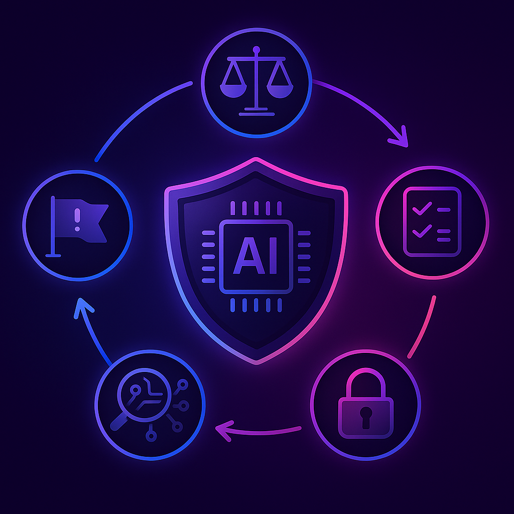 Shielded AI core surrounded by icons for fairness, transparency, accountability, safety, and contestability