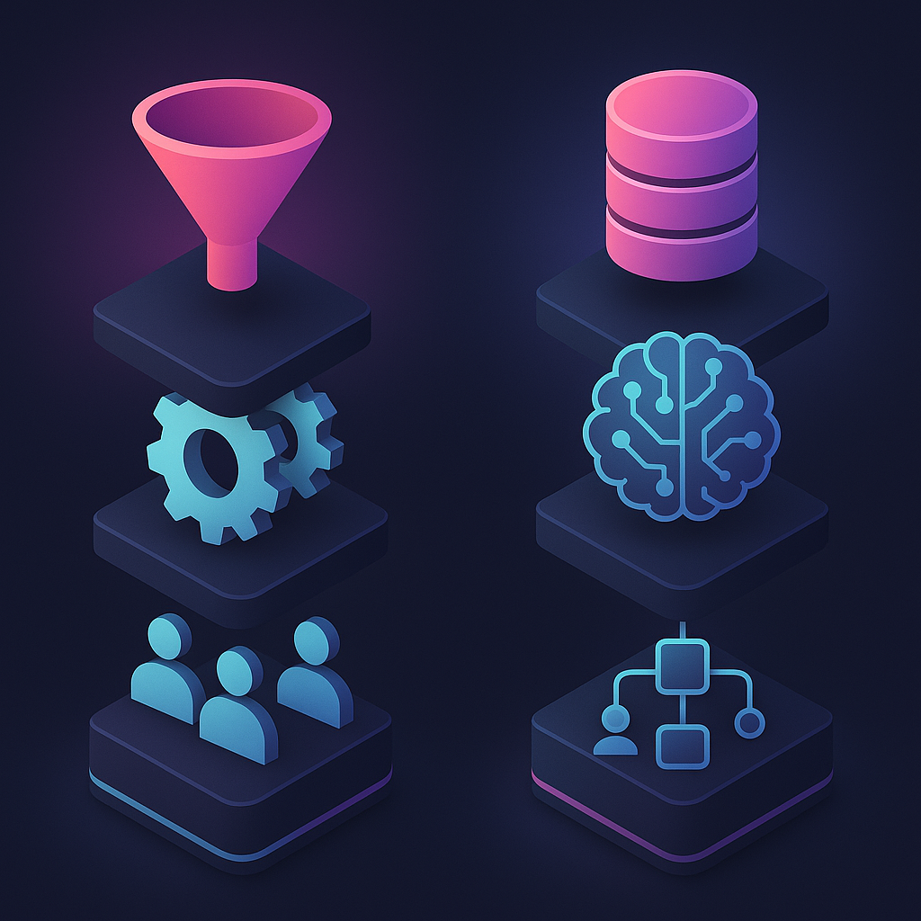Vector comparison of Adway’s social funnel stack versus Beamery’s AI-driven CRM stack.