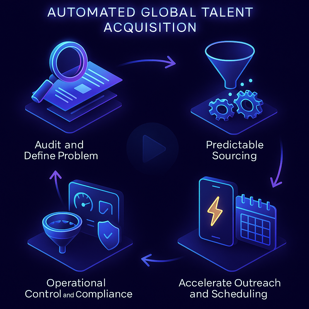 Circular four-stage flowchart of the implementation pillars for automated talent acquisition