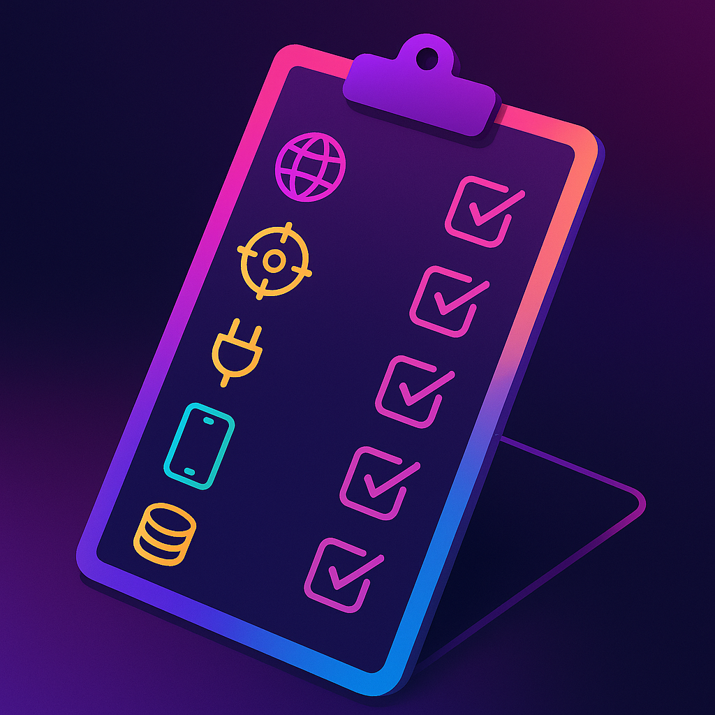 Clipboard with seven ticked checkboxes beside icons for reach, targeting, integration, AI screening, mobile UX, ROI, ge