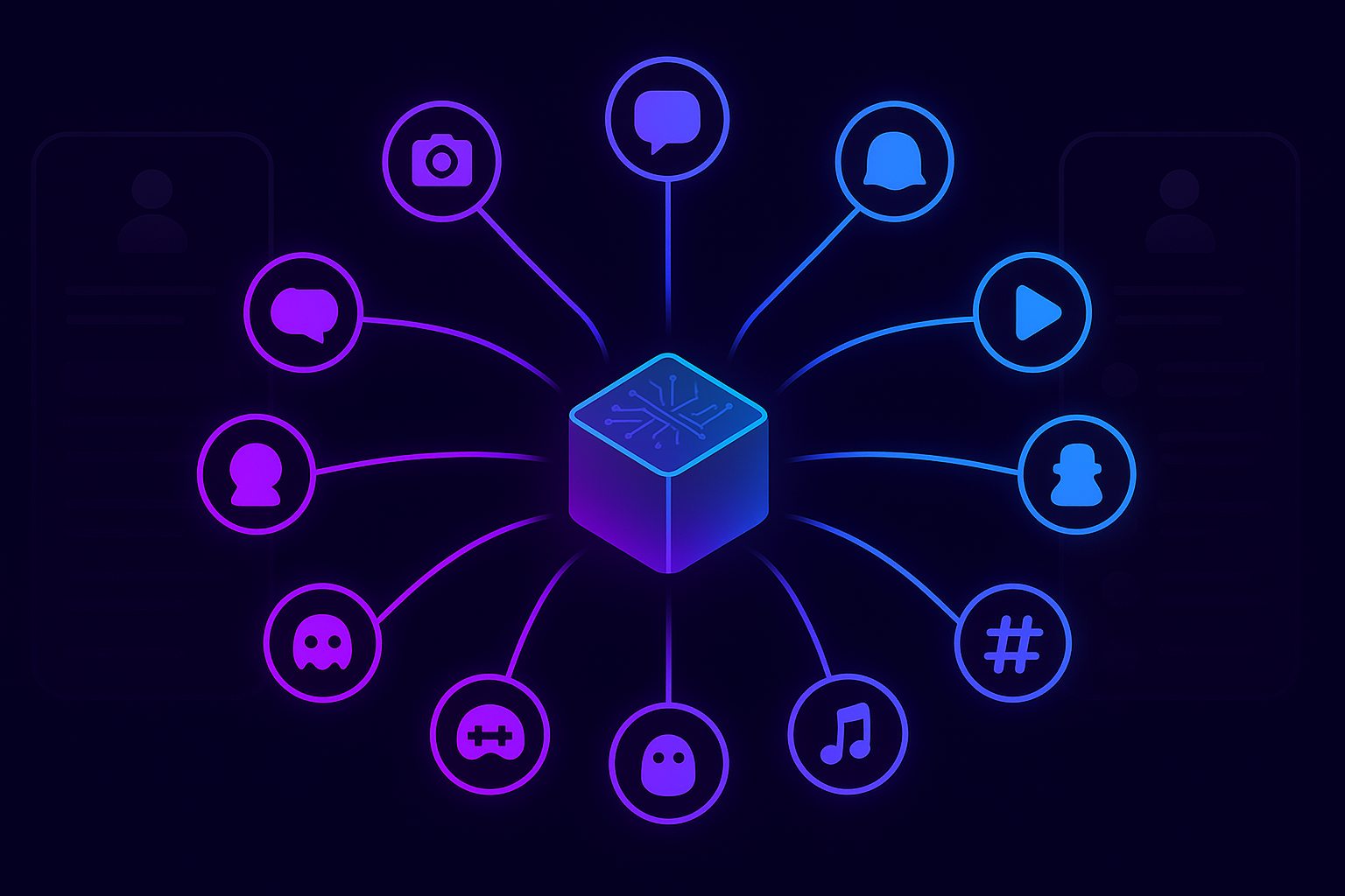 AI hub with spokes connecting to nine generic social media icons and smartphone users around the edge