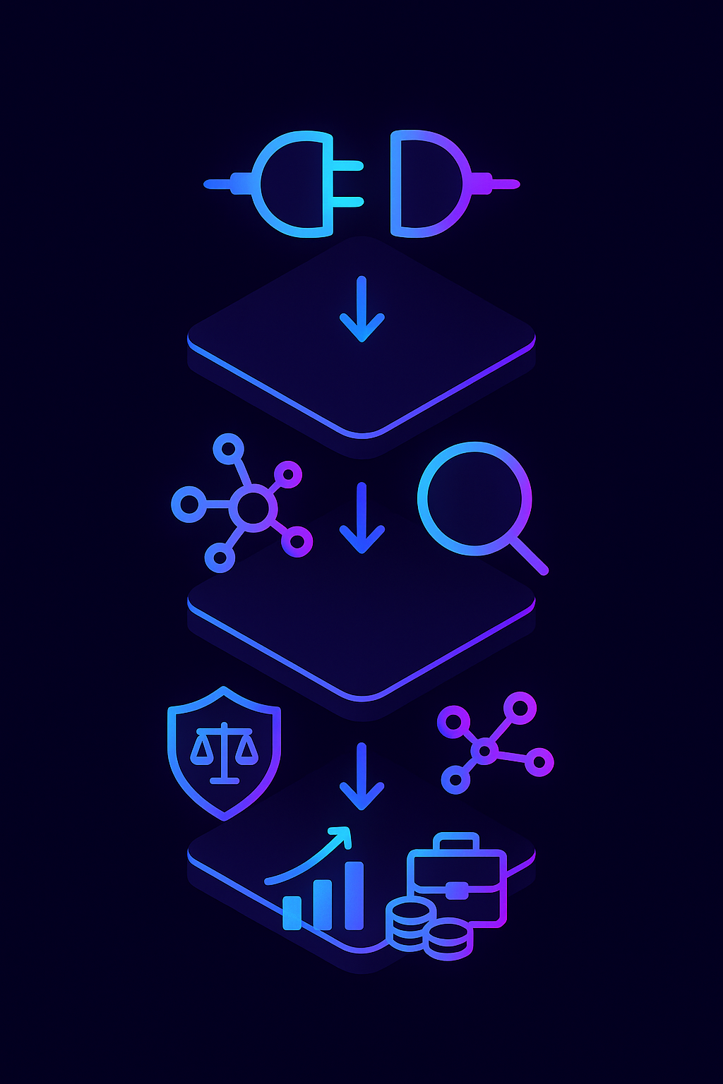 Multi-tier flow diagram showing integration, AI, compliance, and ROI checkpoints for tech selection