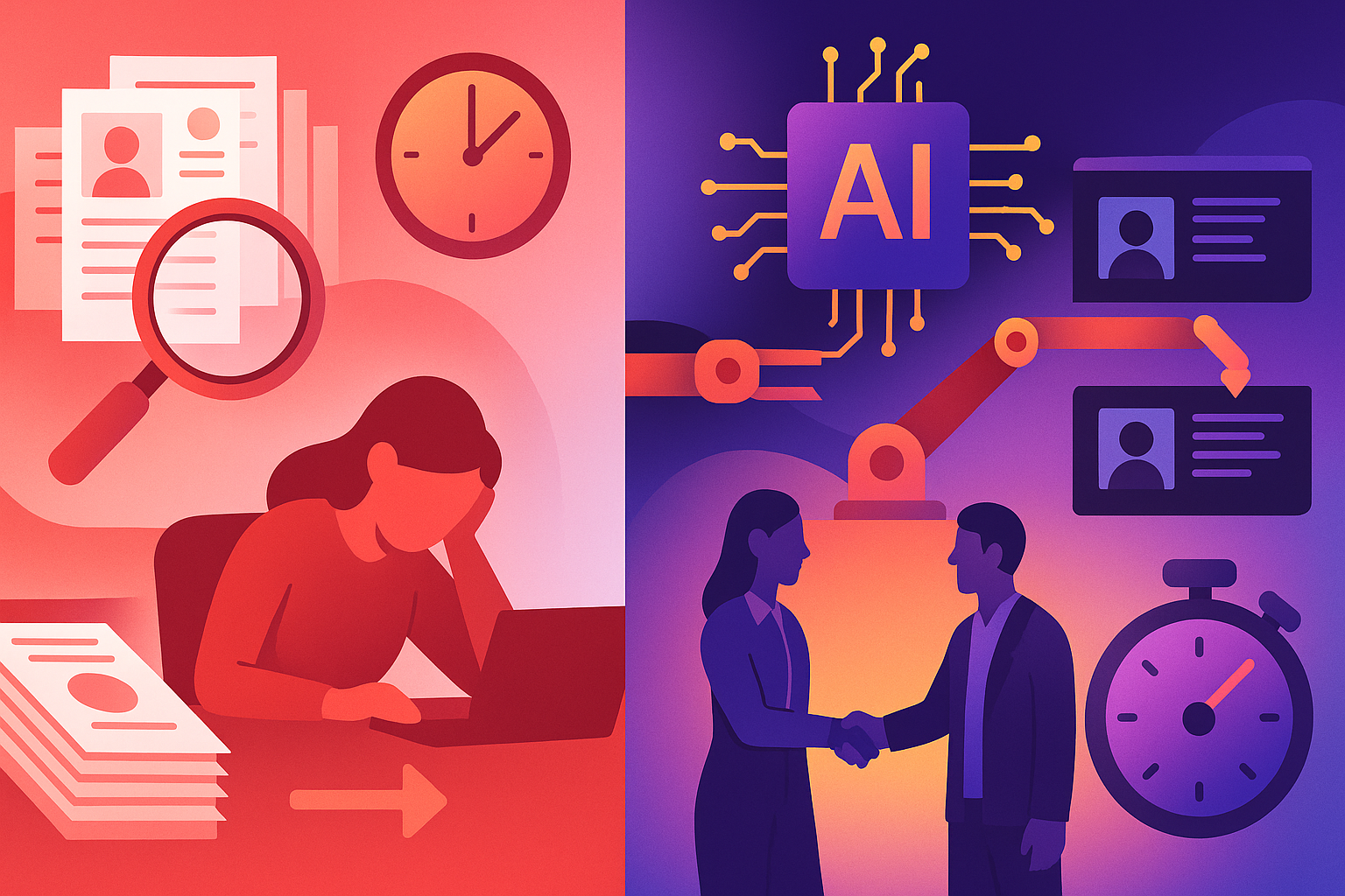 Illustration comparing manual ATS hiring steps with faster AI-automated recruiting workflow
