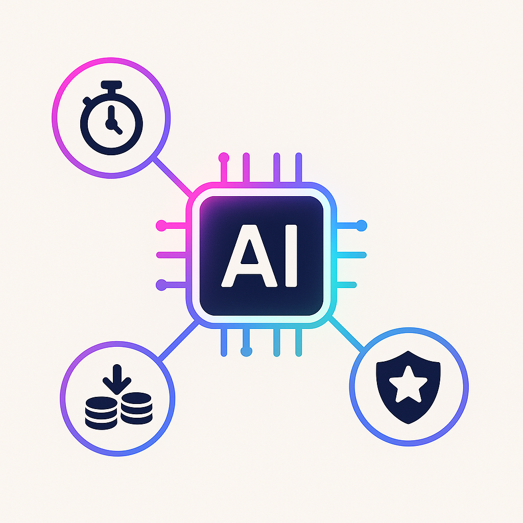 AI recruiting diagram with central hub linked to speed, cost, and quality benefit icons