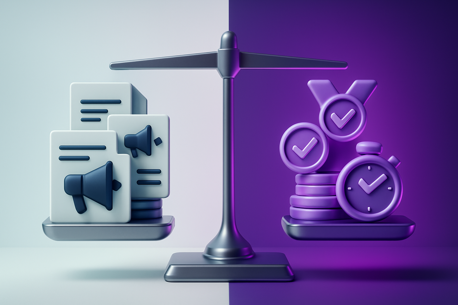 Balanced scale tilting toward symbols of quality hires and speed over raw volume indicators