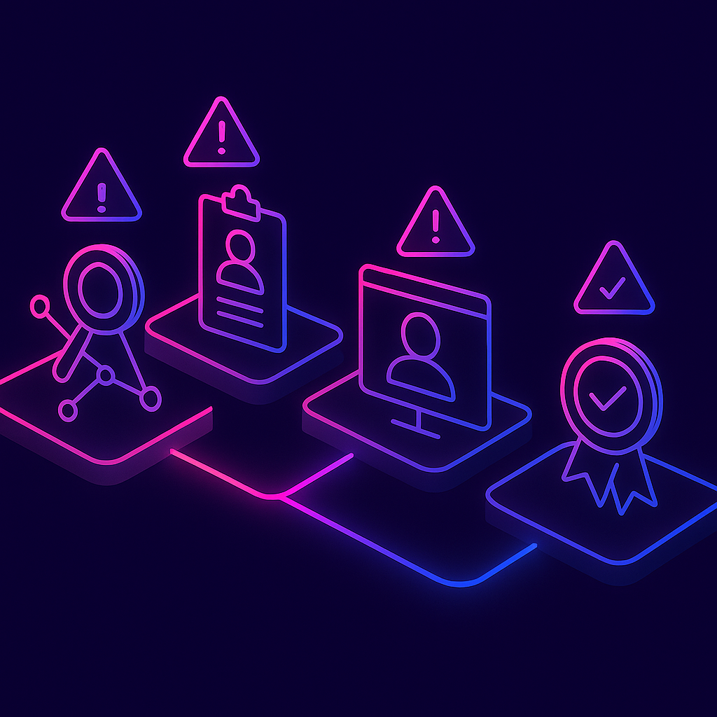 Four-stage hiring pipeline diagram with warning icons highlighting bias risk at each stage