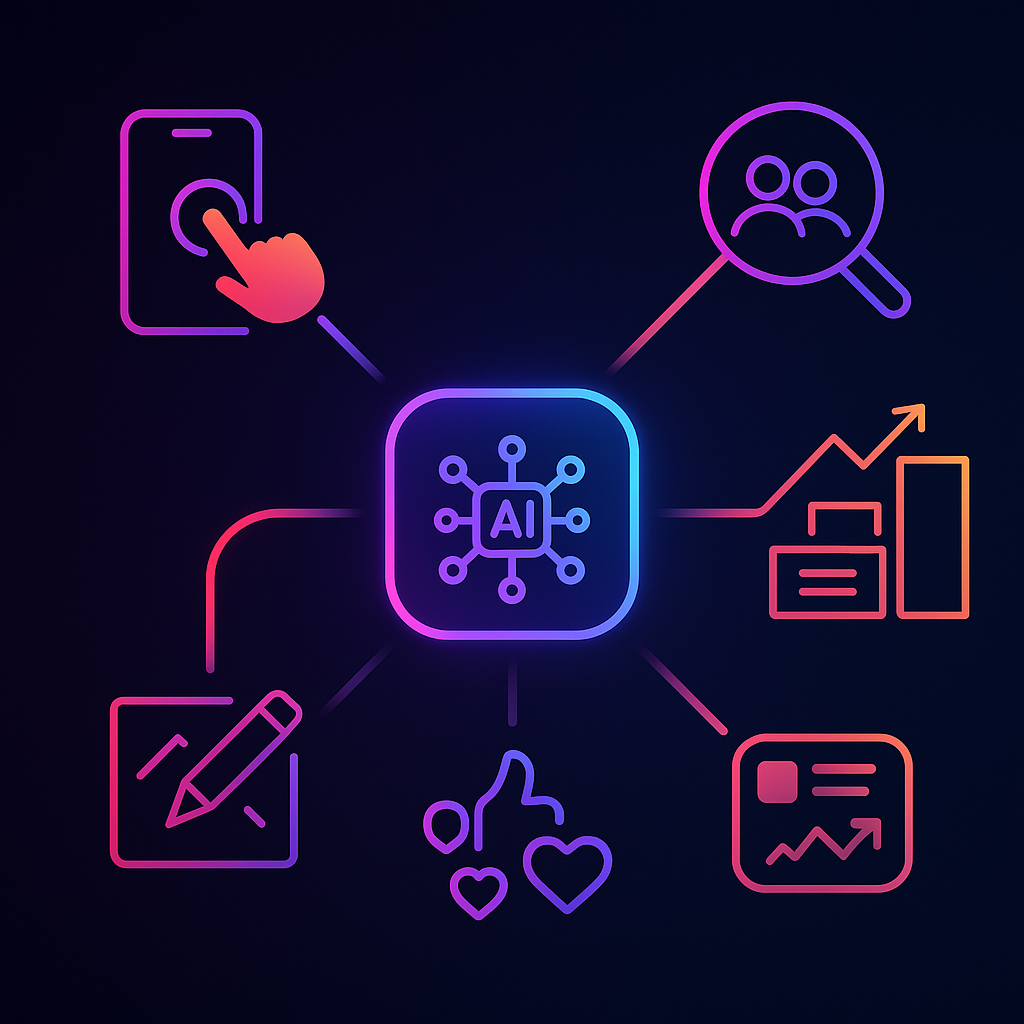 Central AI engine diagram linked to icons for quick apply, AI screening, ad optimization, creative tools, and multi平台re