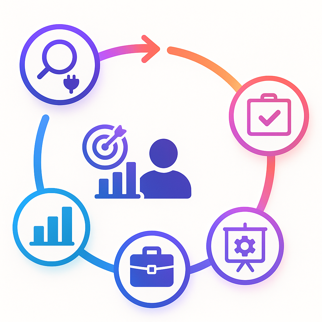 Five-step curved arrow flow with icons for audit, metrics, pilot, training, measurement showing AI recruiting rollout st