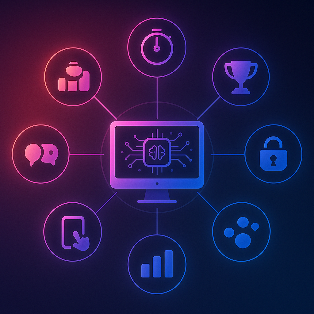 Radial diagram of eight interconnected icons depicting key criteria for evaluating AI recruiting tools.