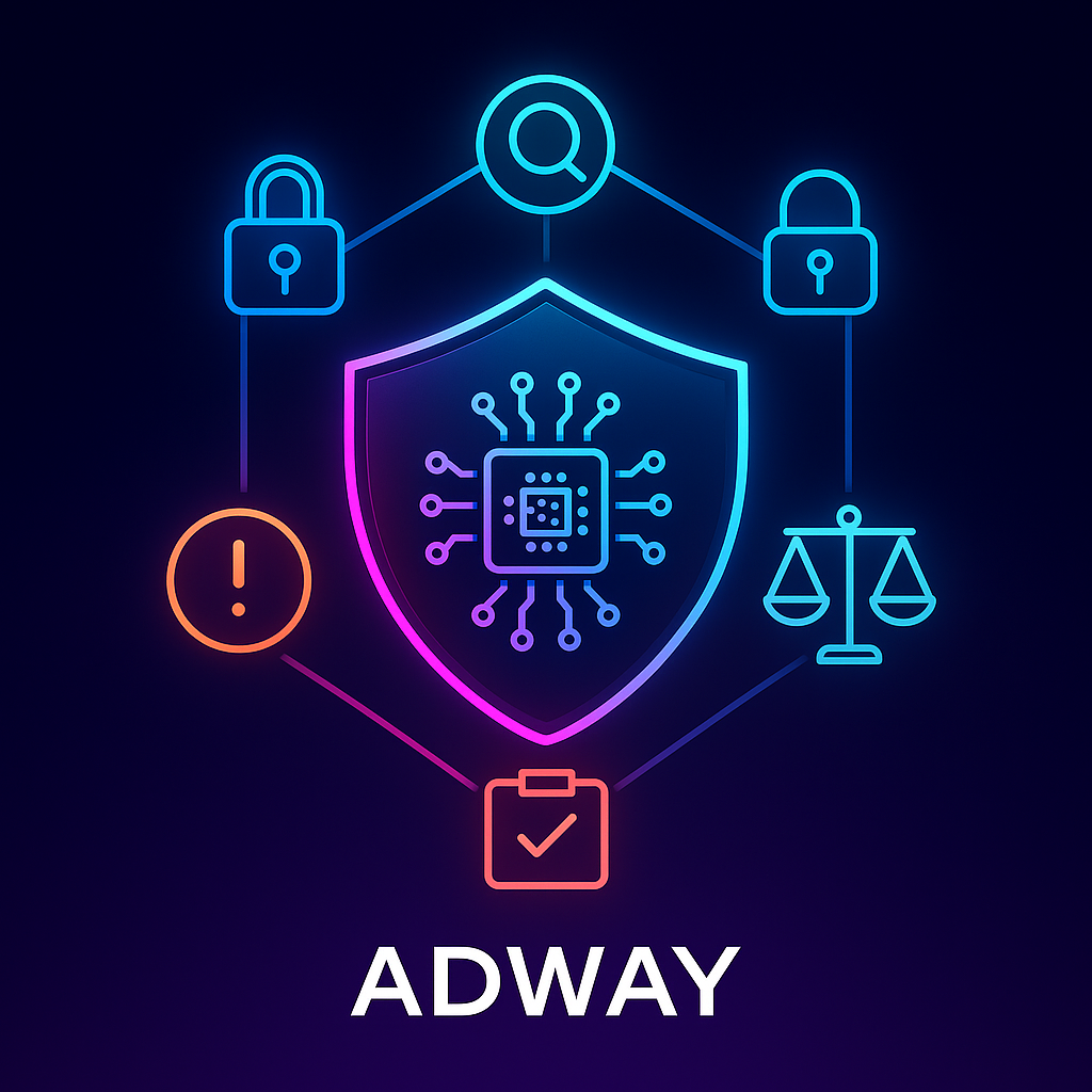 Shielded AI chip linked to icons for safety, transparency, fairness, accountability, contestability