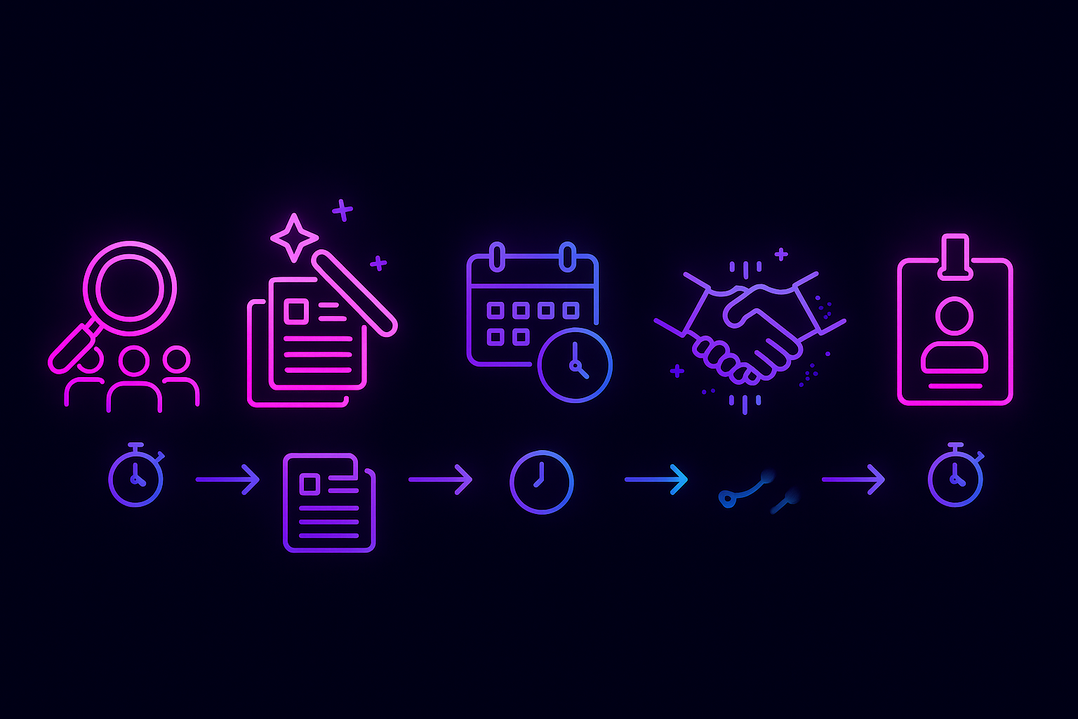 Five hiring workflow stages with AI microchips and stopwatches showing accelerated progression