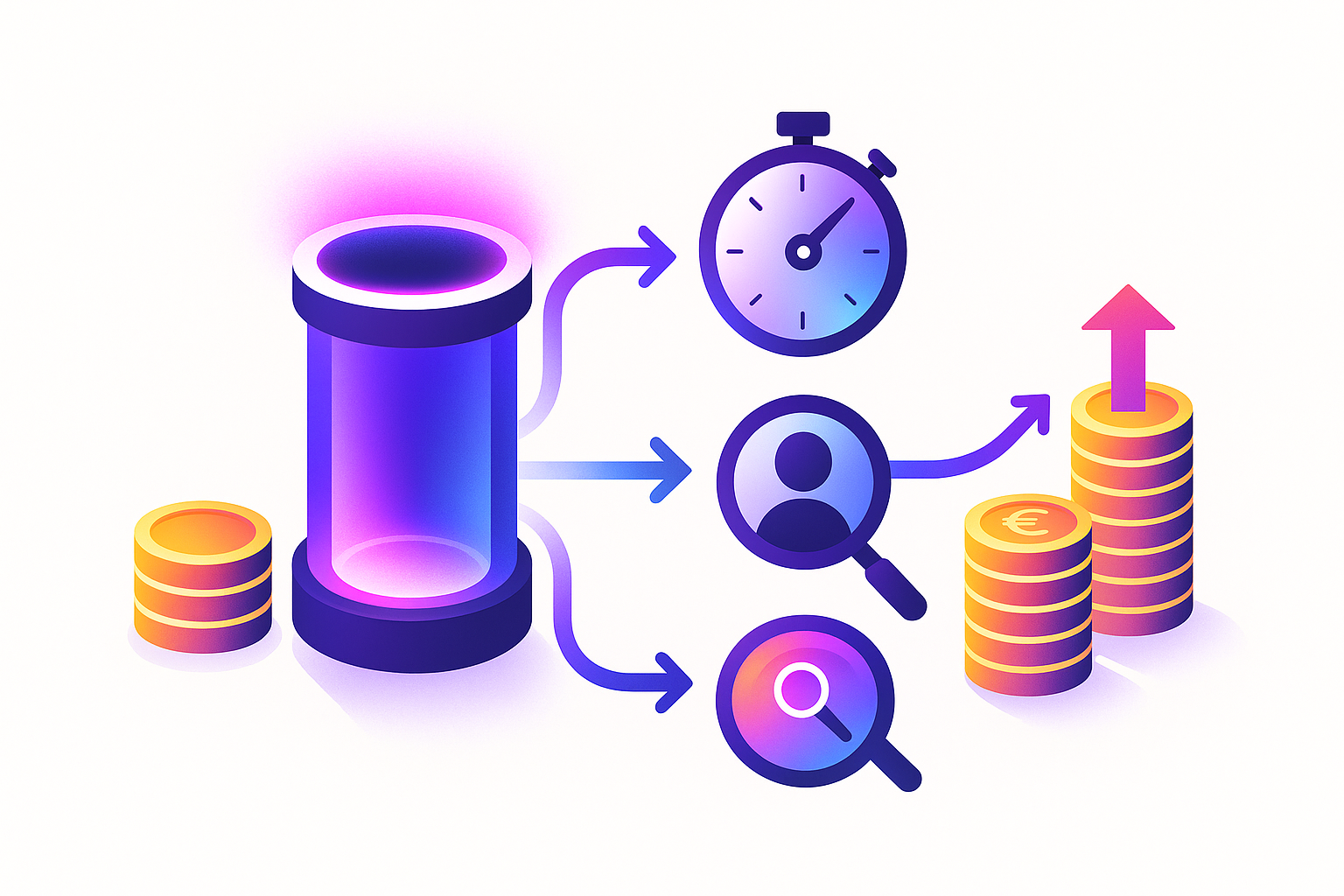 Isometric flow showing investment entering an AI engine and yielding faster hiring, better candidate quality, and larger