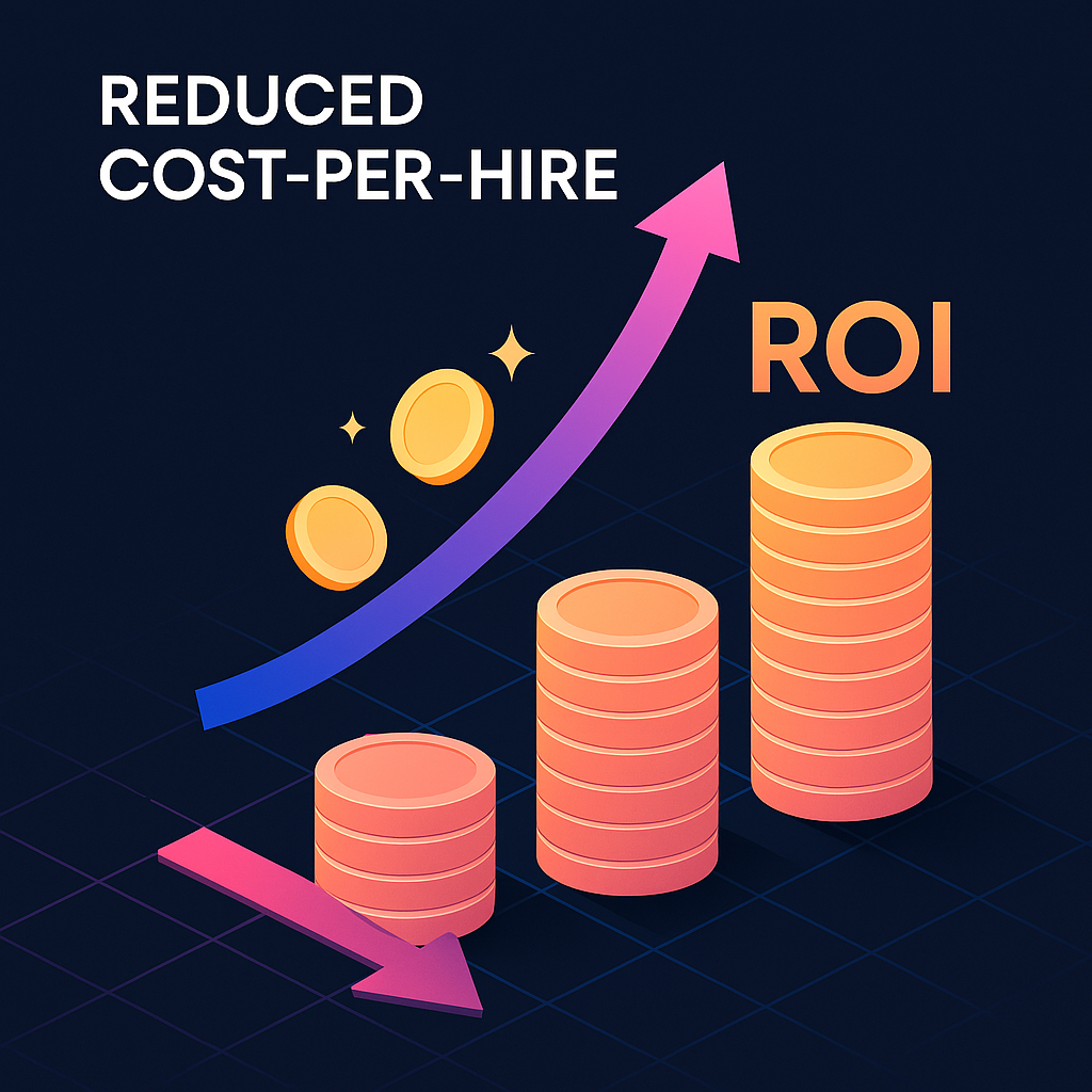Coin stacks illustrate lowest cost-per-hire and highest ROI for one platform versus taller cost stacks for competitors.