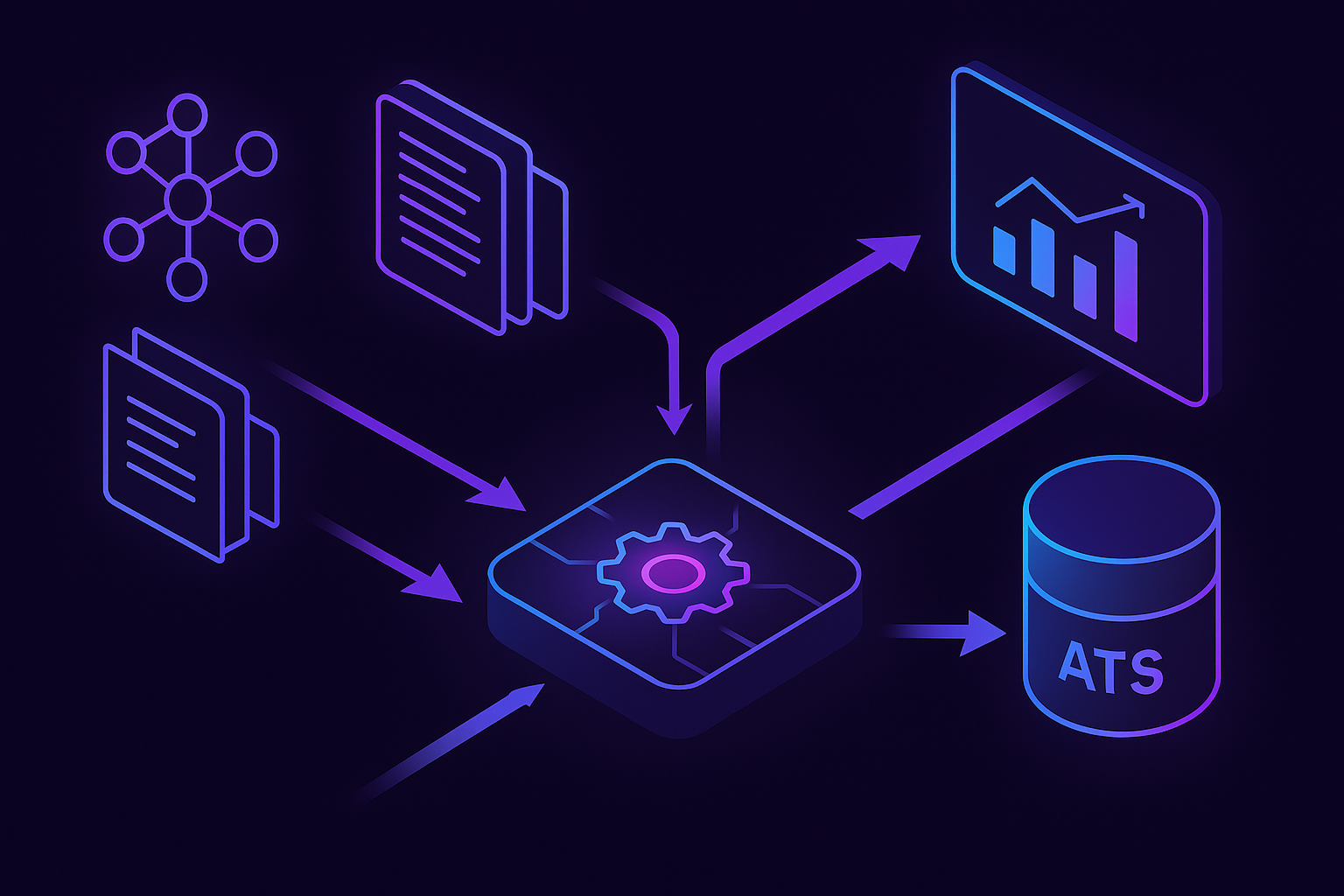 Flow of candidate sources through an AI engine into a unified ATS and analytics dashboard.