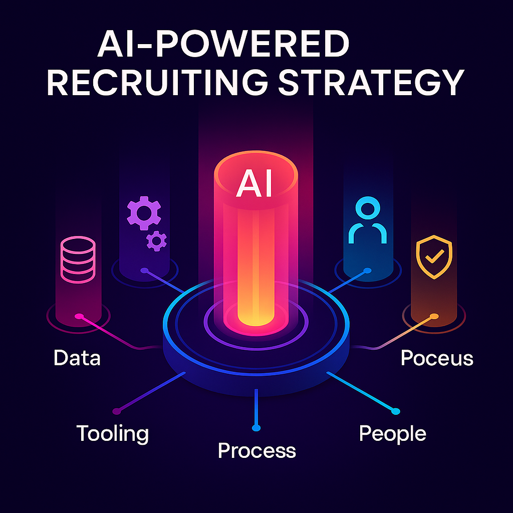 Five pillar icons—data, tooling, process, people, governance—supporting a central AI recruiting core.
