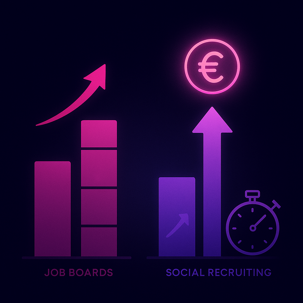 Abstract bar chart showing job board costs higher and social recruiting delivering greater ROI and speed