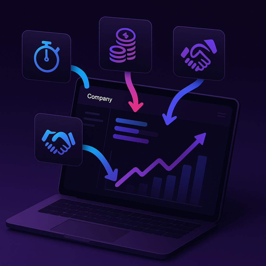 Isometric flow showing KPI panels feeding into an upward ROI graph from a recruiting dashboard