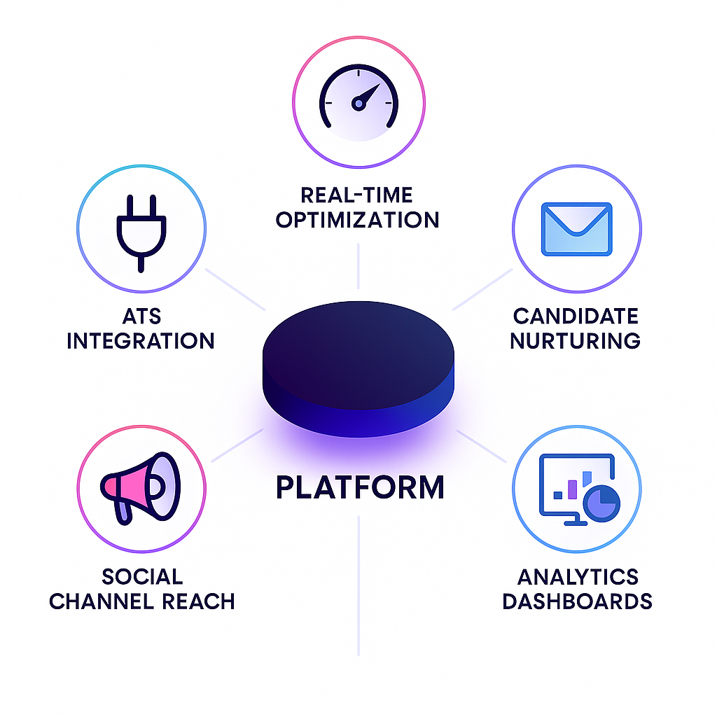 Radial diagram of a programmatic job ad platform with five surrounding capability icons