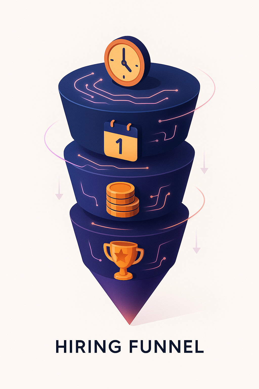 Funnel diagram with icons for time to hire, time to fill, cost per hire, and quality of hire optimised by AI