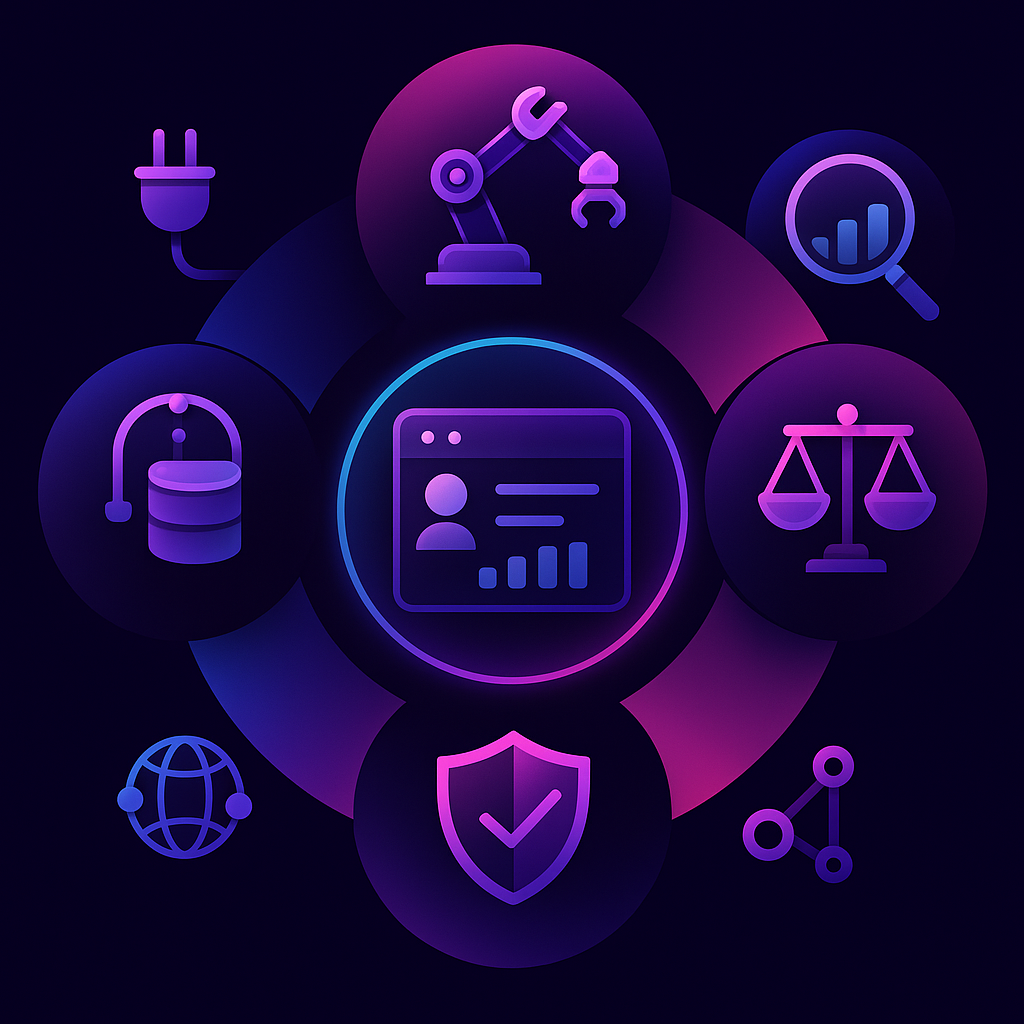 Circular infographic with icons for integration, automation, analytics, compliance, and scalability in AI recruiting.