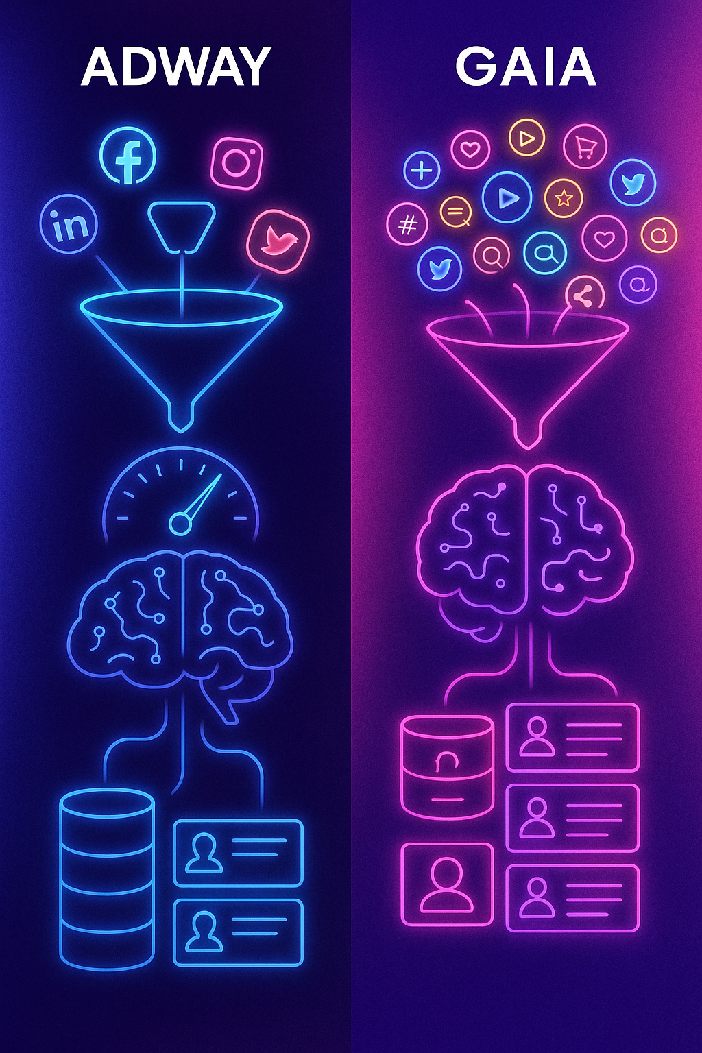 Isometric comparison of Adway and Gaia showing social channels, AI engines, and ATS integration layers