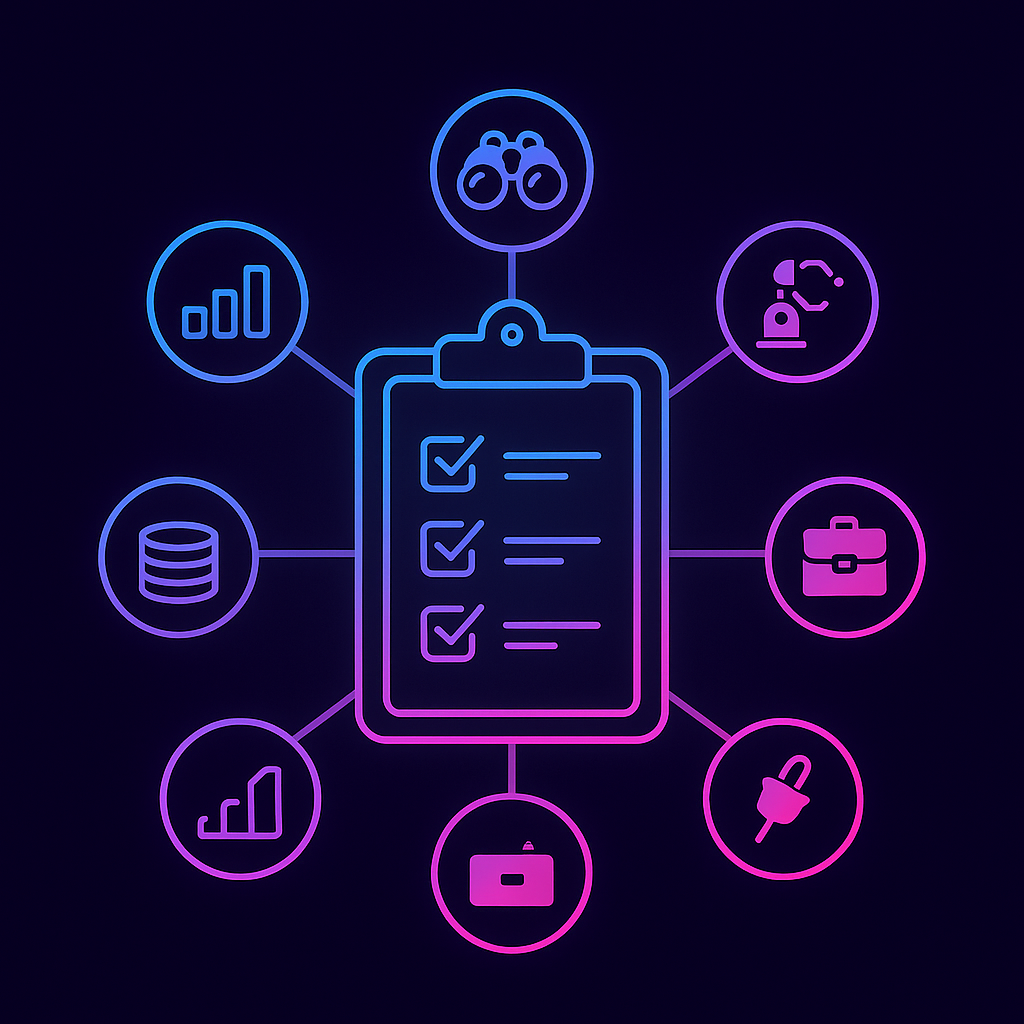 Clipboard with six icons representing key evaluation criteria for recruiting platforms
