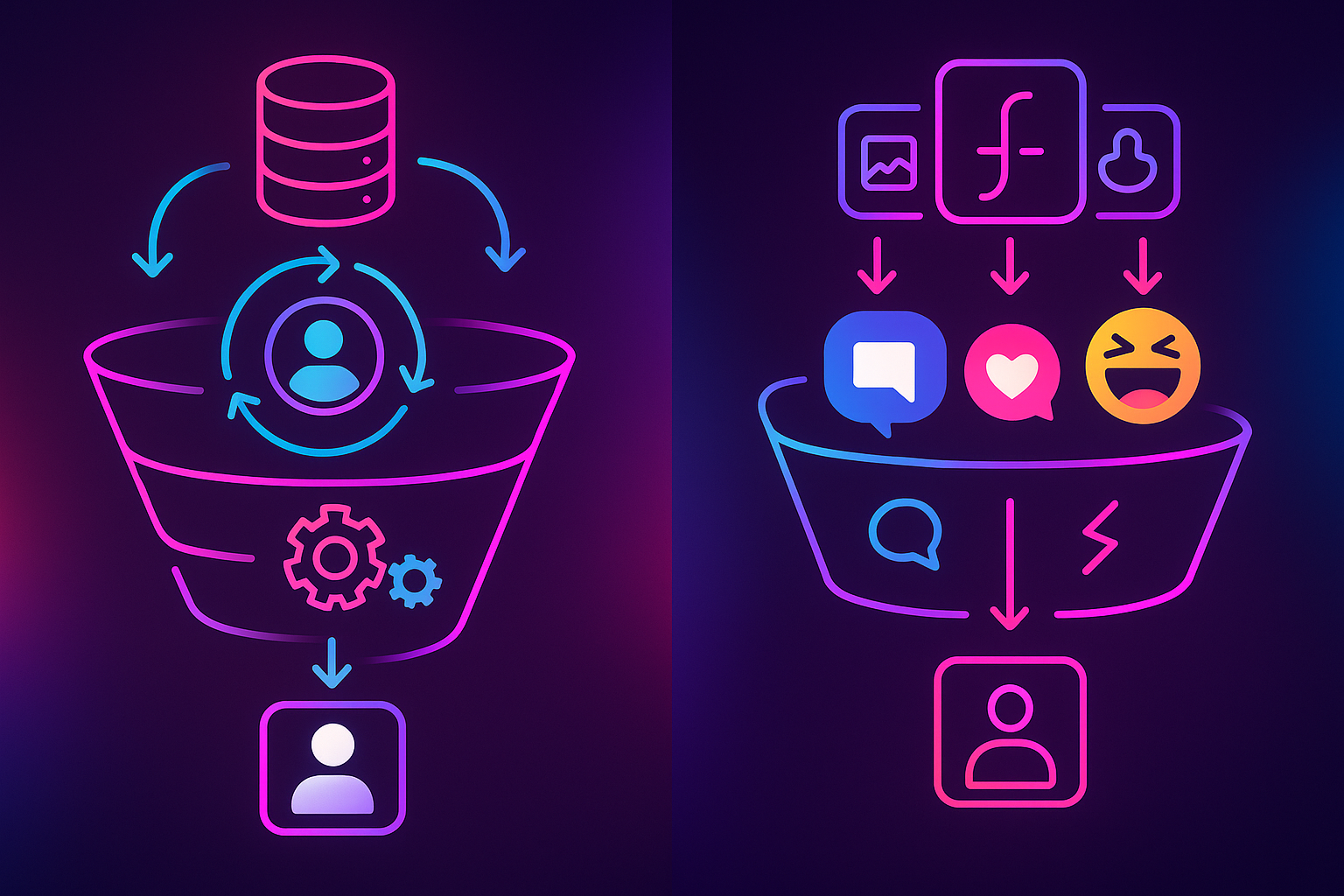 Side-by-side funnels contrasting CRM-first internal database sourcing with social-first recruiting from social platforms