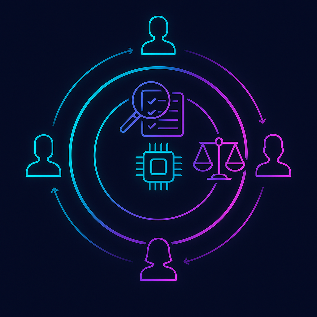 Layered rings illustrate AI algorithms, bias audits, and legal oversight protecting job candidates