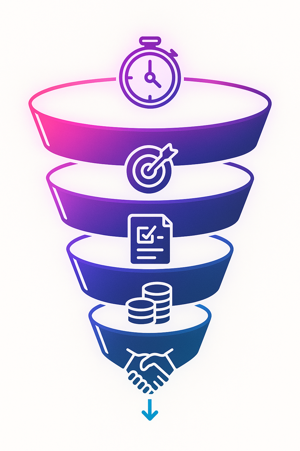 Icon-based funnel diagram highlighting key AI recruiting ROI metrics along the hiring path