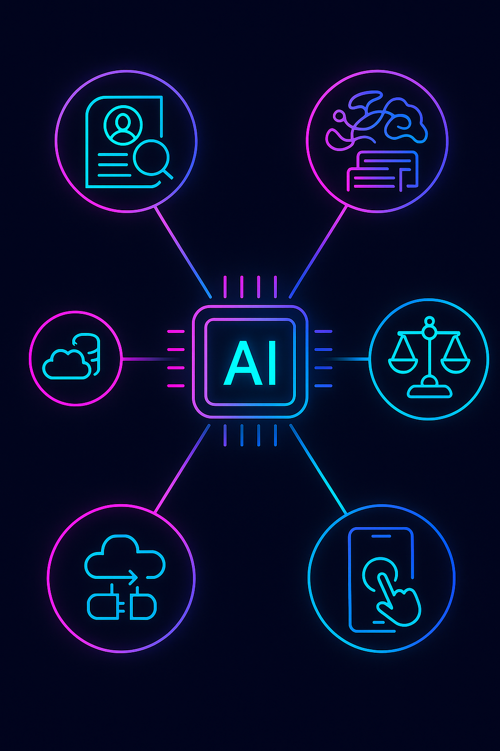 Five core AI recruiting capabilities radiate from a central AI chip in a hub-and-spoke diagram
