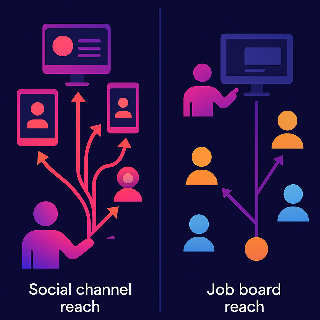 Comparison of social-feed recruiting reach versus single job-board distribution