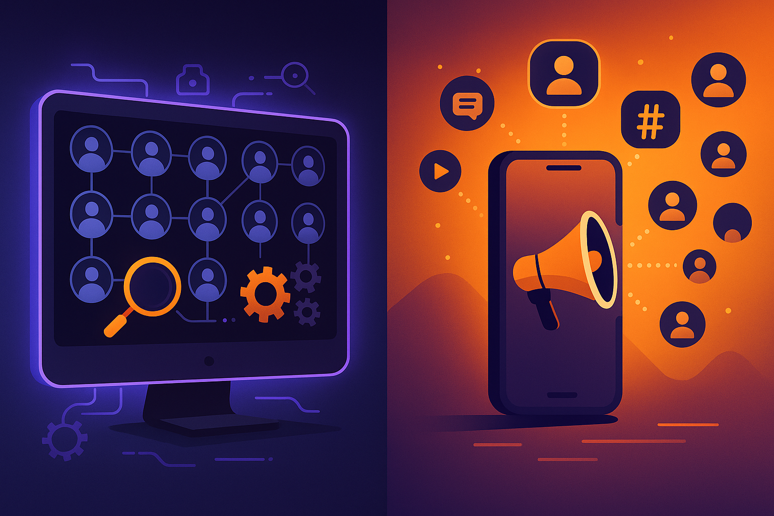 Side-by-side graphic contrasting database-centric talent CRM with automated multi-platform social recruiting reach.