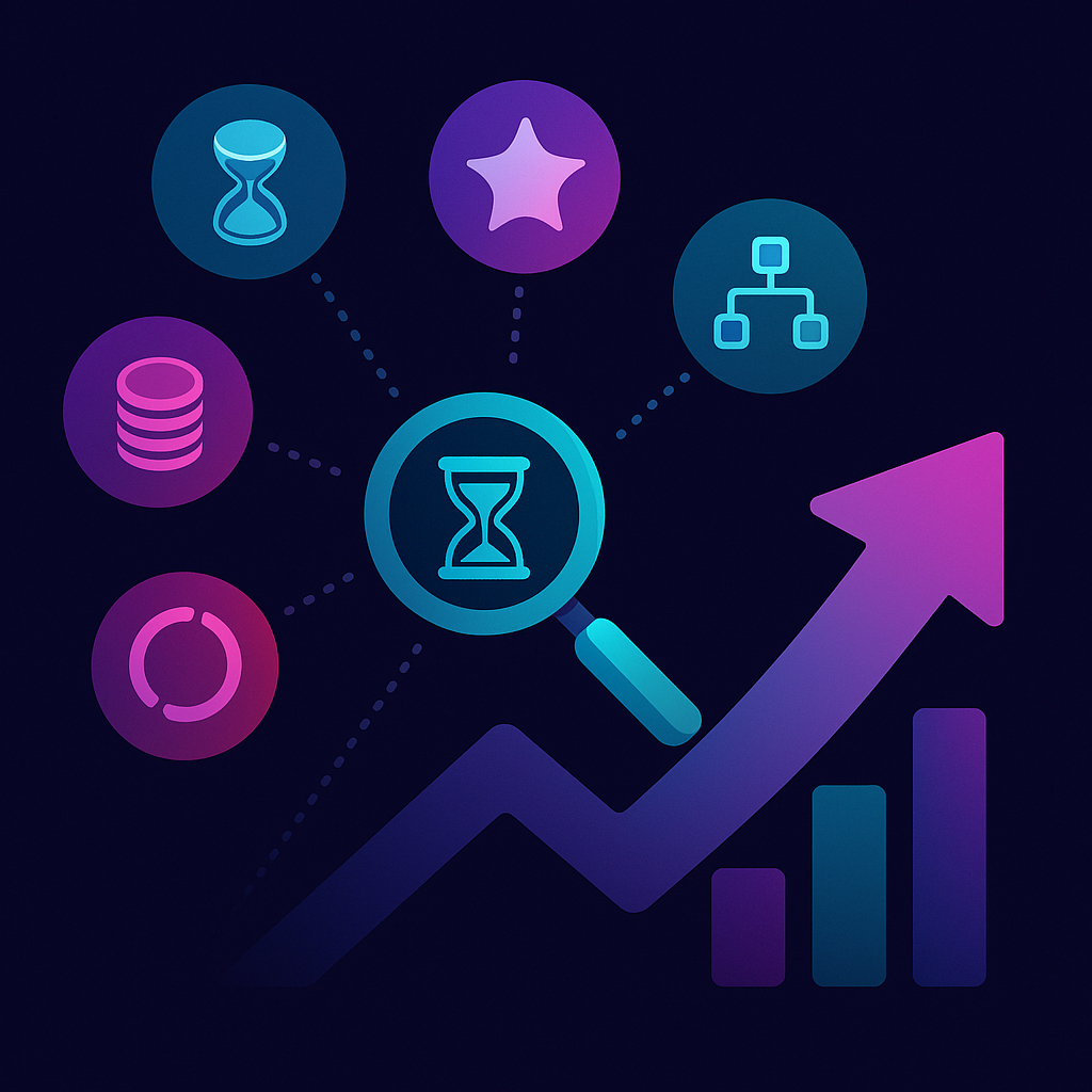 Five recruitment KPIs orbiting a central magnifier that feeds a forward-pointing analytics arrow